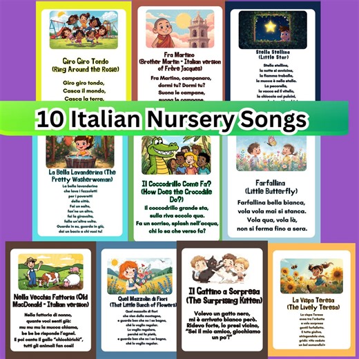 Italian Nursery Rhymes: Bilingual Kids Song Lyrics & Flashcards (PDF Download) - Etsy