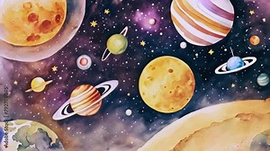 Kids drawing universe space rocket Stars and planets. pulsing in space cartoon animation hand drawn, dynamic, cartoon on cosmic background. Animation water oil effect. Little pilot in space galaxy 4k