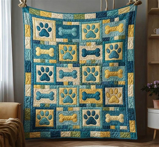 Dog Paw & Bone Quilt Blanket, Blue Pet Paw Print Throw, Puppy Lover Gift, Cozy Dog Blanket, Animal Paw Bedding, Pet Lover Home Decor - Etsy