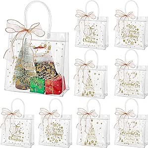 Henoyso 24 Pcs Gold Christmas Clear Gift Bags Plastic Goodie Candy Treat Bag with Handles PVC Gift Wrap Totes with Ribbon for Xmas Party Favors (7.8 x 7.8 x 3.1)