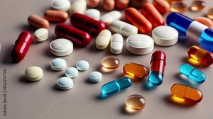 Assorted pills and capsules on surface, including red and white tablets, Flat lay of medical pills scattered across white surface, Healthcare and medicine. Pharmaceuticals, created with generative ai