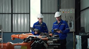 Factory workshop: professional male engineer Male machine operator uses an industrial digital tablet computer to operate and program a robot arm for the production line. High tech facilities with mach