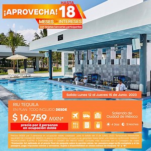 ¿Buscas unas vacaciones inolvidables en la Riviera Maya? El Hotel Riu Tequila te espera con los brazos abiertos. Sumérgete en sus piscinas paradisíacas y disfruta de su ambiente tropical. Te ofrecemos un paquete todo incluido por 4 días y 3 noches, ¡y el precio es para dos personas! No esperes más, salimos el próximo 12 de Junio 2023. ¡Reserva ya y vive momentos inolvidables en la Riviera Maya! ►𝗡𝘂𝗲𝘀𝘁𝗿𝗼𝘀 𝗽𝗮𝗾𝘂𝗲𝘁𝗲𝘀 𝗶𝗻𝗰𝗹𝘂𝘆𝗲𝗻: - Vuelo redondo directo desde CIUDAD DE MÉXICO - 