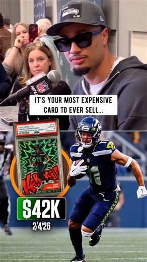 When JSN found out his most expensive card sale days before winning the big game 😅 Jaxon Smith-Njigba couldn’t believe that his Vertical Green Kaboom 1/1 sold for $42K vis Alt 😂 Wonder how much it could be worth now that he’s a Super Bowl Champ? via @thescore, @bpparker | Sports Card Investor
