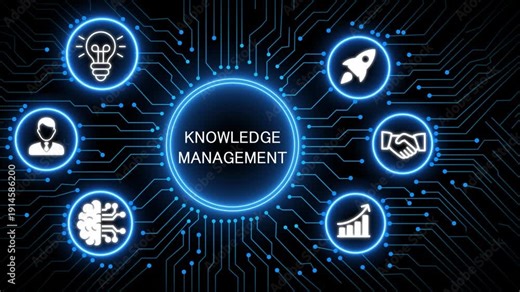 A glowing neon knowledge management I concept surrounded by smaller icons for ai and manufacturing process management all connected in a digital circuit like pattern, manufacturing planning,