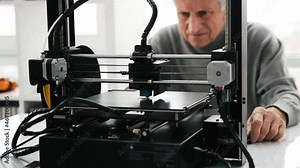 Adult man looking how works modern 3D printer. Printing process closeup
