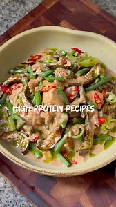 1.2M views · 11K reactions | High Protein Recipes: Chicken Bicol Express 360 cals | 40g protein per serving Recipe for 4 servings: 600 grams chicken breast 250ml coconut milk 2 tbsp bagoong 1 chicken cube (optional) Thinly sliced ginger Chopped red onions Minced garlic Green and red chillies Chopped red onions Green beans (blanched optional) Eggplant (airfried optional) Vinegar (optional) Brown sugar (optional) | Coach Foodie | Facebook