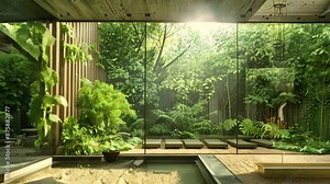 Bathroom featuring a window with a view of lush jungle greenery, Fuse elements of nature into your architecture to create a harmonious connection with the environment