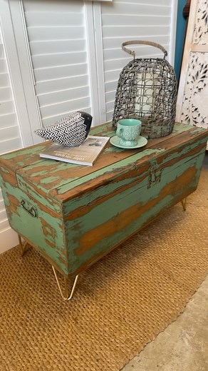 UNIQUE RUSTIC COFFEE TABLE 🌸AVAILABLE NOW🌸 This antique trunk had been hiding in storage! It is way too cool not to be displayed as a feature coffee table with the added bonus of storage space for toys, blankets or magazines and books Original handles with a new set of hairpin legs to add some height also adding a modern touch to a one of a kind, funky and functional piece . | Penny Aberle