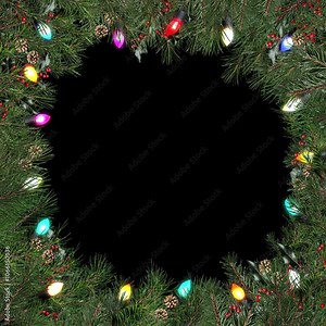 Animated Christmas card square blinking lights overlay wreath border frame. Alpha transparent video holiday lights in evergreen branches, pine cones, holly berries. Enhance promo marketing, e-card