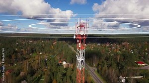 A mobile or cell phone mast transmitting radio waves.Visualization of a phone mast emitting radio signals in concentric circles.