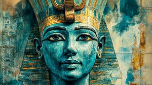 A close-up of an ancient Egyptian pharaoh's head carved in stone