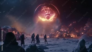 Zooming out to reveal a planet entirely covered in shimmering ice and snow, with a small colony of alien beings gathered around a blazing fire, singing carols and exchanging gifts. Stock Video