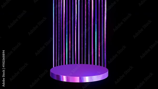 Violet holographic podium with swirling lines in the back on a transparent background. A space-style pedestal to place and advertise your products.Animation of a futuristic podium with an alpha