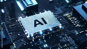 A circuit board with the AI logo, representing the fusion of technology and intelligent algorithms. Pulses and signals from the chip propagate through the motherboard. Generative AI