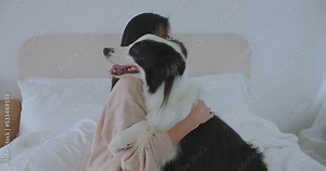 Happy smiling woman is caressing with affection her lovely border collie dog at cozy home. Young asian girl hugging her pet on bed with love. Human and animals friendship concept with pet.