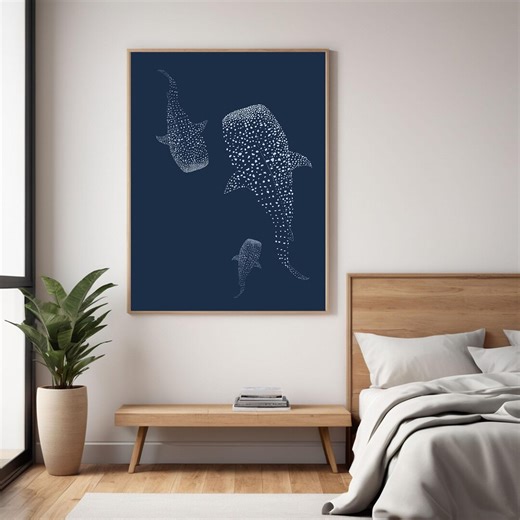 Whale Shark Art Print, Minimalist Ocean Wall Art, Navy Blue Sea Poster, Modern Marine Illustration, Nursery Coastal Decor - Etsy