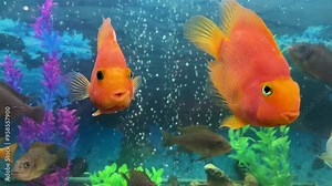 Cheerful orange parrot fish in an aquarium. Red parrot cichlid. Aquarium fish.
