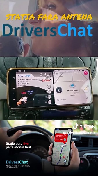 Ghid rapid – Utilizarea în comun a stației Drivers Chat cu aplicația ta de navigație DriversChat = stația ta auto live, direct pe telefon. Navigație comunicare în timp real, în același ecran. Pasi de urmat: 1.Deschide aplicația DriversChat. •Pornește aplicația. •Dacă dorești, setează raza de recepție (ex.: 2 km, 5 km, 20 km etc.). 2.Deblochează ecranul din DriversChat. •Apasă pe lacătul din stânga jos pentru a debloca ecranul protejat. •Astfel, vei putea afișa peste DriversChat și alte aplicații