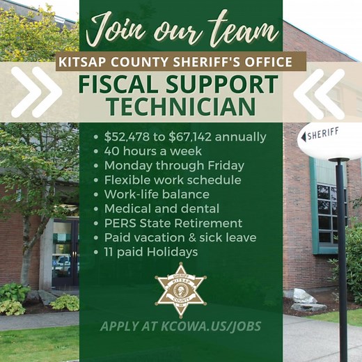 ⭐JOB ALERT⭐ What a great opportunity to join the Kitsap County Sheriff's Office! We are looking for individuals to join our team as a Sheriff's Office Fiscal Support Technician. 📌Apply before February 2nd! If you want more information about this job opening, click here https://www.governmentjobs.com/careers/kitsap/jobs/4787622/sheriffs-office-fiscal-support-technician?page=2&pagetype=jobOpportunitiesJobs #KCSO #kitsap #kitsapsheriff #kitsapcounty #kitsapcountysheriffsoffice #JoinOurTeam #suppor