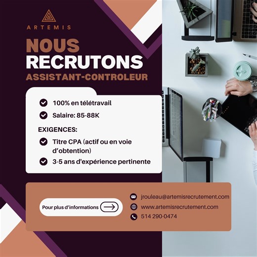✨ Nous recrutons – Assistant-Contrôleur | Télétravail 100% Josée est à la recherche d’un Assistant-Contrôleur pour un client en pleine croissance dans le domaine du développement de logiciels. C’est un poste permanent, entièrement en télétravail, au sein d’une organisation dynamique où vos idées et votre expertise auront un réel impact. 🎯 Pourquoi postuler ? • Salaire : 85 000 $ – 88 000 $ • 100% télétravail horaire flexible • Avantages sociaux complets • Possibilités d’avancement • Entreprise 