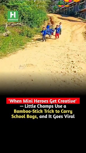 “When Mini Heroes Get Creative — Little Champs Use a Bamboo-Stick Trick to Carry School Bags, and It Goes Viral | Hindufeed