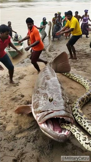 Indonesian people try to save python from giant grouper