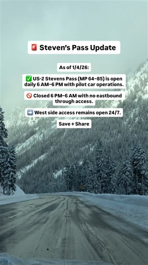 🚨STEVENS PASS UPDATE (1/4/26) ✅ US-2 between MP 64–85 is open 6 AM–6 PM daily with pilot cars. 🚫 Overnight closure 6 PM–6 AM (no eastbound through access). ➡️ West side access stays open 24/7. And yes - Stevens Pass Resort is OPEN 🎿❄️ We took US-2 westbound from Leavenworth on Sunday and honestly… record timing, zero traffic! Before you head out: always check the latest updates from WSDOT: https://wsdot.wa.gov (conditions can change quickly). Send this to someone you’d like to go to the mount