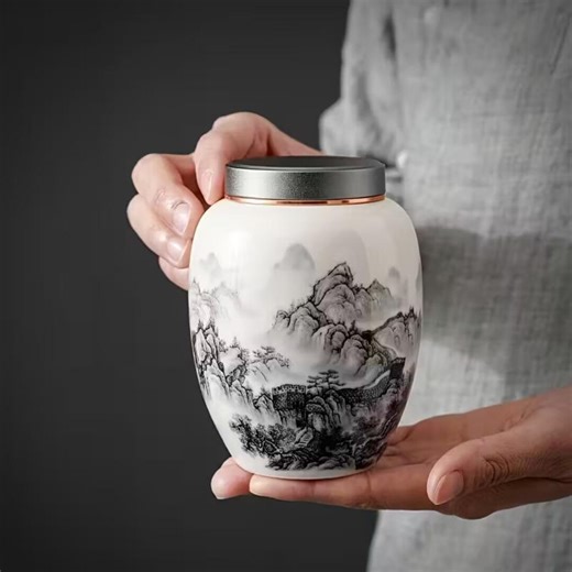 Ceramic Pet Urn for Dog Cat Ashes, Elegant Chinese Landscape Design, Small Memorial Jar Keepsake Urn, Pet Loss Sympathy Gift