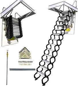 Ceiling Attic Ladder, 13 Steps Pulldown Ceiling Ladder Stairs, 10.5ft Height Telescopic Ladder, 27.5x39.38in Attic Access Ladder, Ceiling-Mounted Folding Ladder Loading 660lb