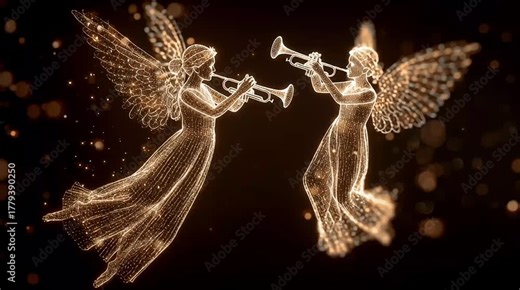 Golden angels playing trumpets. Heavenly angels play trumpets with a magical shimmering light effect. Christmas animation.