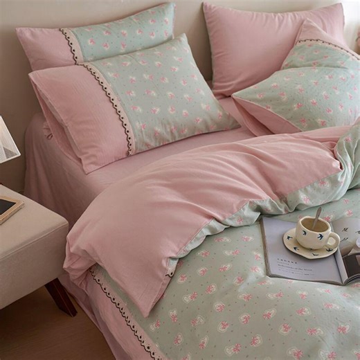 Pink & Mint Floral Duvet Cover Set - Cottagecore Lace Trim Bedding - Etsy