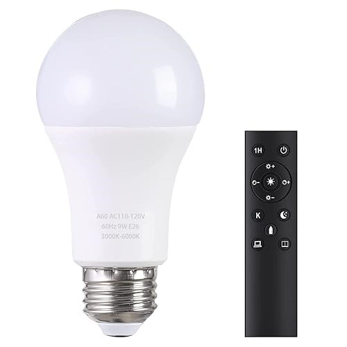 MXhme A19 LED Light Bulbs with Remote Control, 800LM 9W, 60W Equivalent LED Bulbs,Stepless Dimmable 3000K-6000K,E26 Base