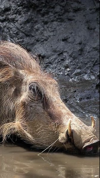 Common warthog animal drinking muddy water on vertical video.