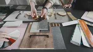 Creative studio solutions for interior design. Designers, men and women, choose combinations of surfaces and textures.