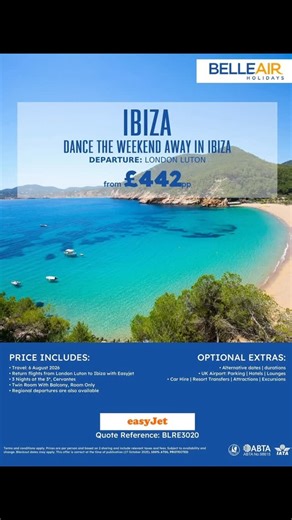 🎉 Ibiza Weekend – From £442 per person Dance the weekend away with 3 nights at the 3⭐ Cervantes in Ibiza. Stay in a twin room with balcony and enjoy the vibrant nightlife and beautiful beaches of the island.💃🕺 📅 6 August 2026 (other dates/durations available) ✈️ Return flights from London Luton to Ibiza with Easyjet 🏨 3 Nights at the 3⭐ Cervantes 🛏️ Twin Room with Balcony, Room Only ✈️ Regional departures are also available 📲 DM or email designedtotraveltheworld@gmail.com to book or check