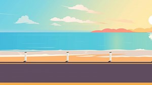 Beach Road Sunset Animation - Moving Scene, Ocean, Sky, Sun
