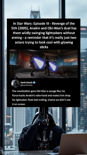 In Star Wars: Episode III - Revenge of the Sith (2005), Anakin and Obi-Wan’s swinging lightsabers