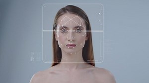 Face ID. Face Detection. 3D Facial Recognition. Technological Futuristic Biometric Scanning of Face of Beautiful Woman Isolated on Background. Concept of Personal Safety and Security.