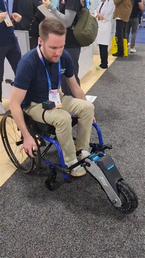Engadget on Instagram: "WheelMove co-founder Kévin Surbled demonstrates the startup's powered wheelchair accessory that lifts the front wheels so it can drive over rough terrain."