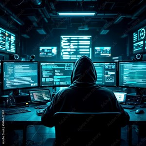 Hacker on his back sitting in a chair with a desk with multiple screens performing cybercrime