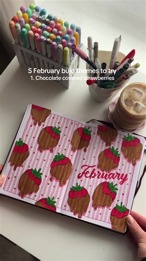 5 February bullet journal themes to try this month 🍓 #bujo #bulletjournalspread #februarybujo #journaling #bulletjournal