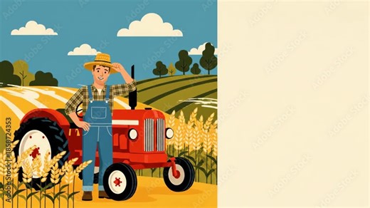 Farmer standing animated by red vintage tractor in wheat field, profession and agriculture concept