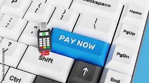 Online payment service. Online shopping, electronic payment, e-banking, disbursement, remuneration concept. 3D Pay Now keyboard key with POS terminal. 4K 3D animation