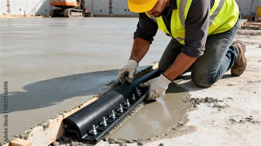 Worker fitting preformed expansion joint into fresh concrete slab to accommodate structural movement during construction