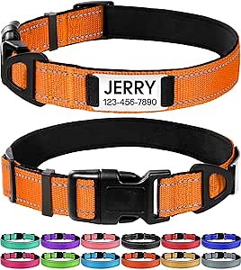 Joytale Personalized Dog Collars, Reflective Nylon Collar with Engraved Name Plate, Customized for Large Dogs, Orange, L