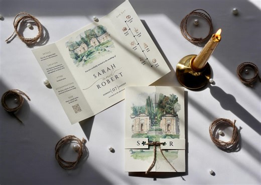 Watercolor Wedding Venue Invitation With Belly Band, Gatefold Wedding Invite, Luxury Textured Cardstock   Kraft Rope or Ribbon - Etsy