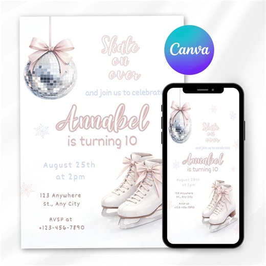 Ice Skating Birthday Invitation, Winter Onederland Invite, Pink Disco Ball Party, Ice Skate Party Invitation, Editable Template, Mobile