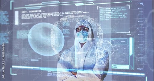 Lab tech watching as holo UI activating projecting cell and globe panels around him for diagnostics