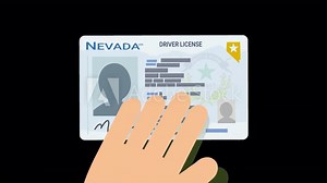 Animation of a hand presenting a Nevada state driver's license in the middle of the screen on green screen with alpha channel (flat design)